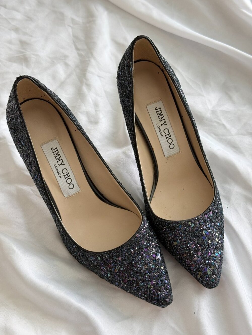 Jimmy Choo ROMY 85 Black Multicolor Coarse Glitter Pointed Toe Pumps Size 36